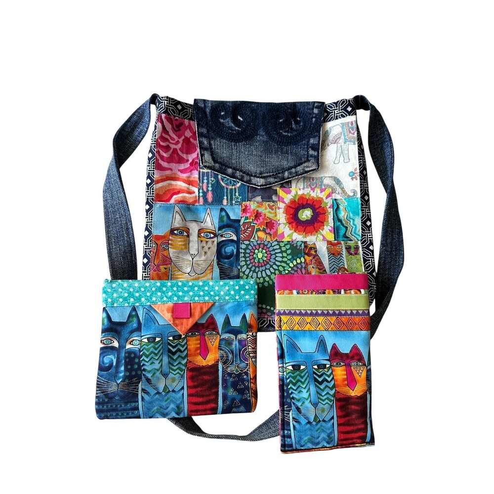 Upcycled Denim Patchwork Crossbody Bag Set with Laurel Burch Style Cat Art